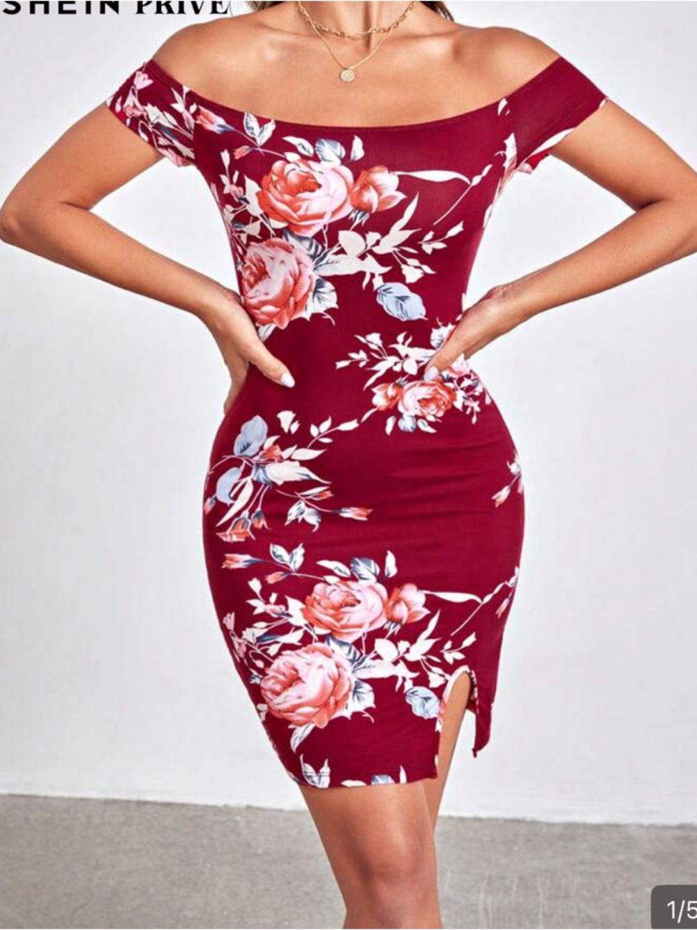 SHEIN Burgundy Off-Shoulder Floral Bodycon Mini Dress